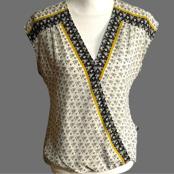 Max Studio Tops - Max Studio Black, Gold & White Mixed Media Print Faux Wrap‎ Sleeveless Top